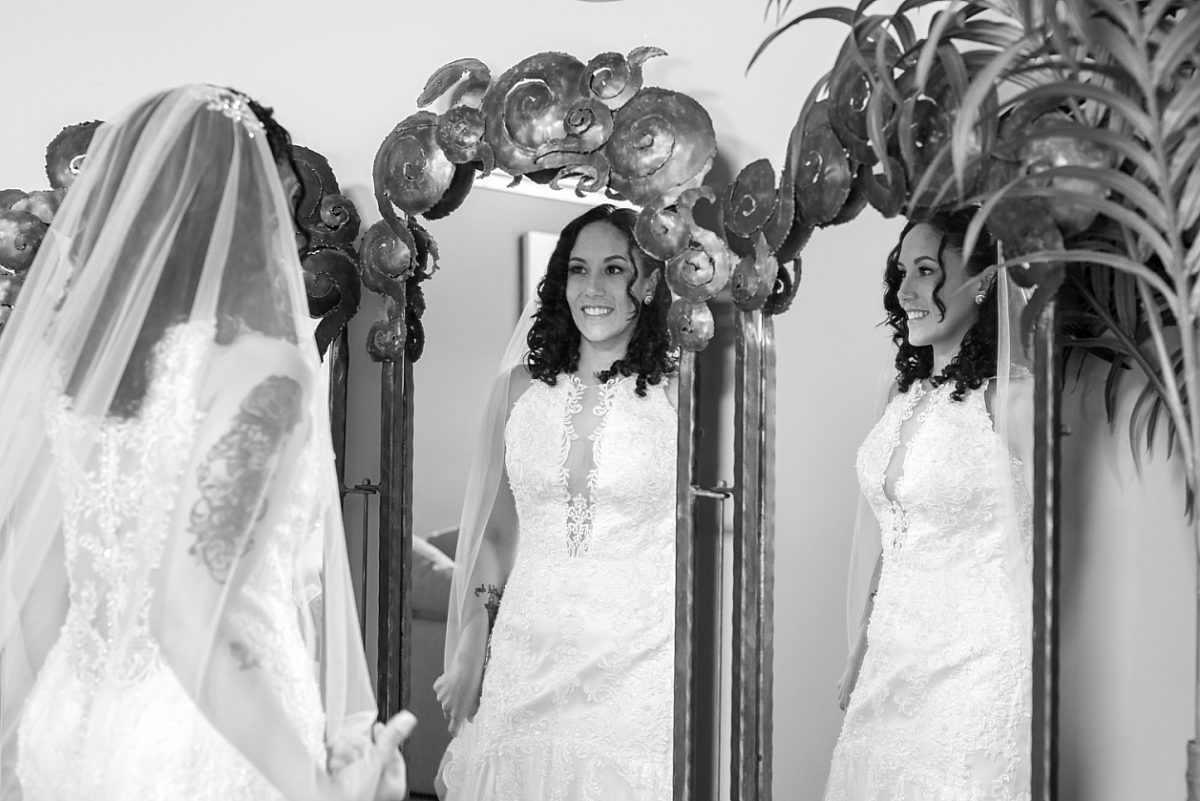Black & White bride in mirror