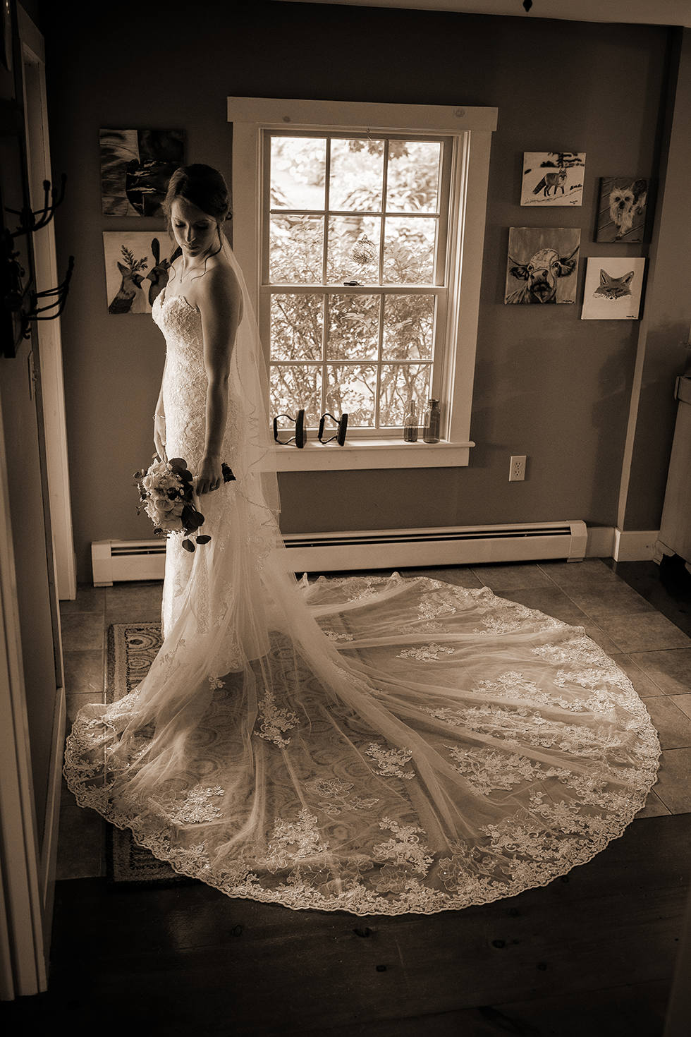 Bride in wedding gown sepia tone