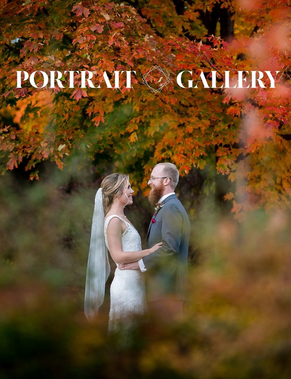 wedding photo of bride and groom in foliage