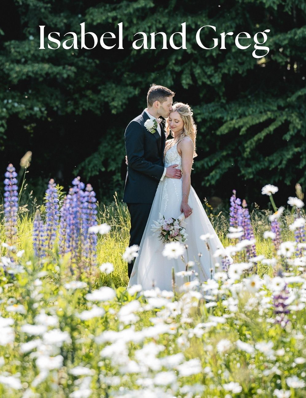 wedding photo in field of wild flowers